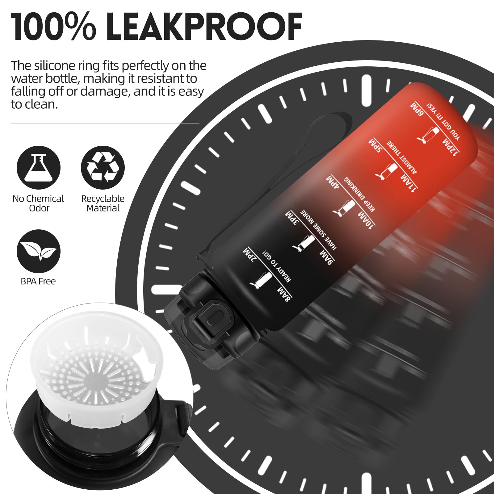 Borraccia, 1000ML Senza BPA, Borraccia Bambini, Design della serratura a prova di perdite, Borraccia Motivazionale, Con marca temporale, Bottiglia Acqua per Yoga, Sport, Scalare Montagne - Nero Rosso