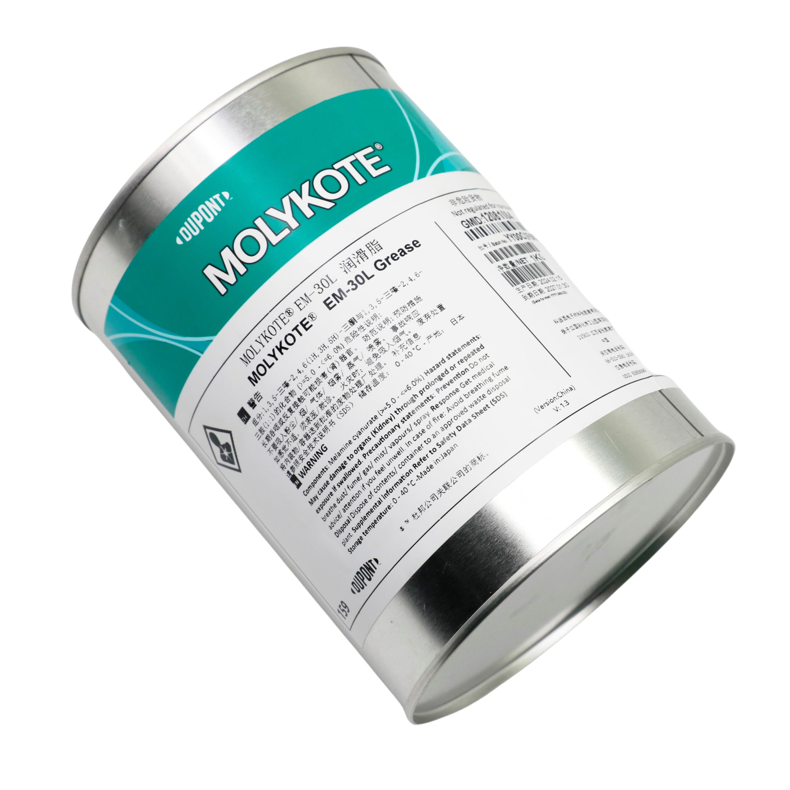 Molykote EM-30L Grease 1kg Lubricante para Componentes Plásticos Automotriz Electrodomésticos Engranajes Caja de Engranajes Bomba Base PAO Larga Vida Útil Lubricación de Caucho y Elastómeros