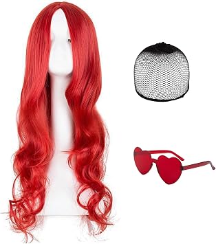 Red Wigs for Women, Long Wigs for Women, Long Hair Wig, Cosplay Wig with Heart Shaped Neon Glasses Ladies Bachelorette Party Decorations