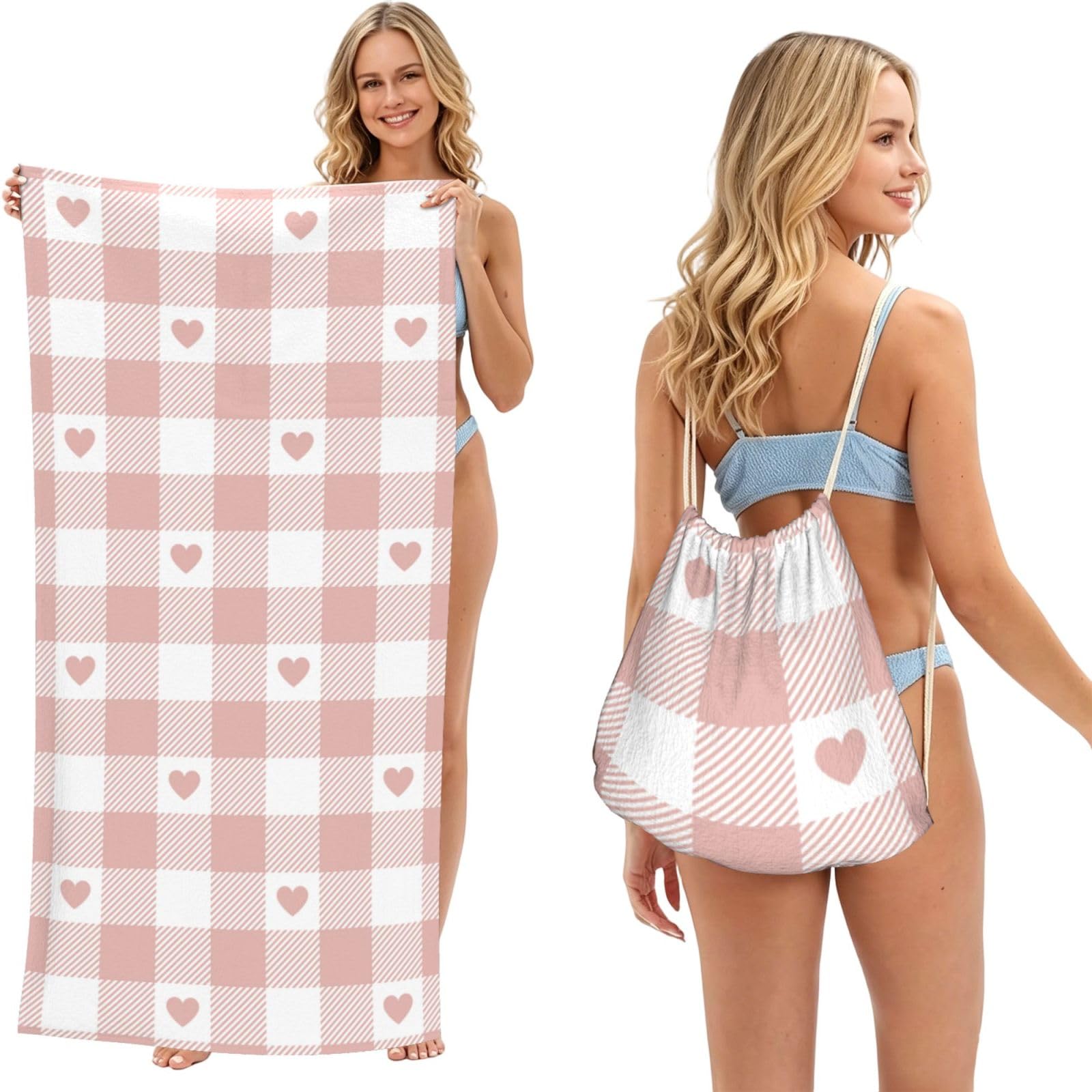Poadnly As Picture Cute Heart Pink Buffalo Plaid Pattern, 2 In 1 Packable Towel Bag, Beach Towels With Drawstring Backpack For Travel Holiday Camping