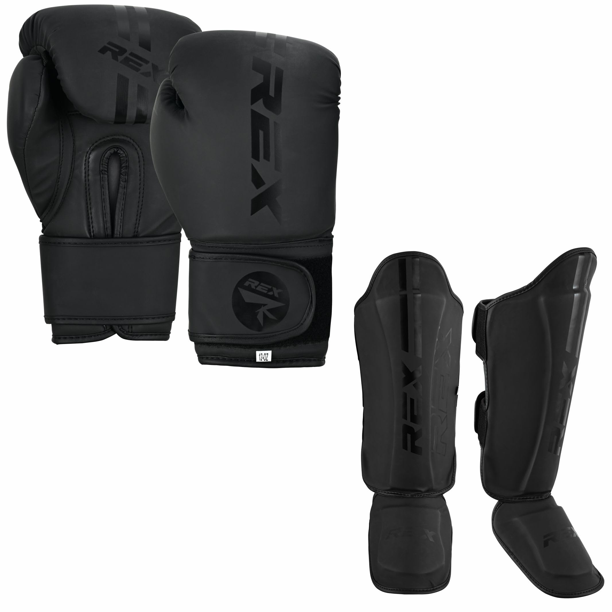 Rex Boxing Gloves, Pro Training Sparring Shin Guards for Kickboxing, Muay Thai, MMA and Training Pads and gloves set, Boxing shin pad Matt Black (Gloves Size 8 oz, Shin Size XL)