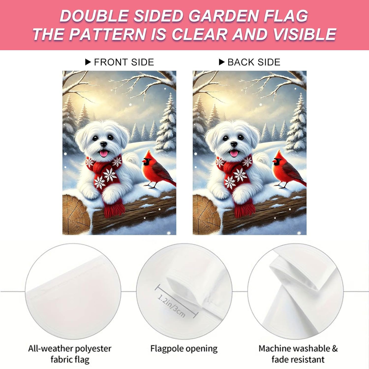 Winter Garden Flag 12x18 Inch Double Sided Maltese Dog in Red Scarf Garden Flag Winter Holiday Yard Banner Outdoor Decoration Farmhouse Christmas Flag for Porch Lawn Welcome Seasonal Outdoor Decor - Image 5