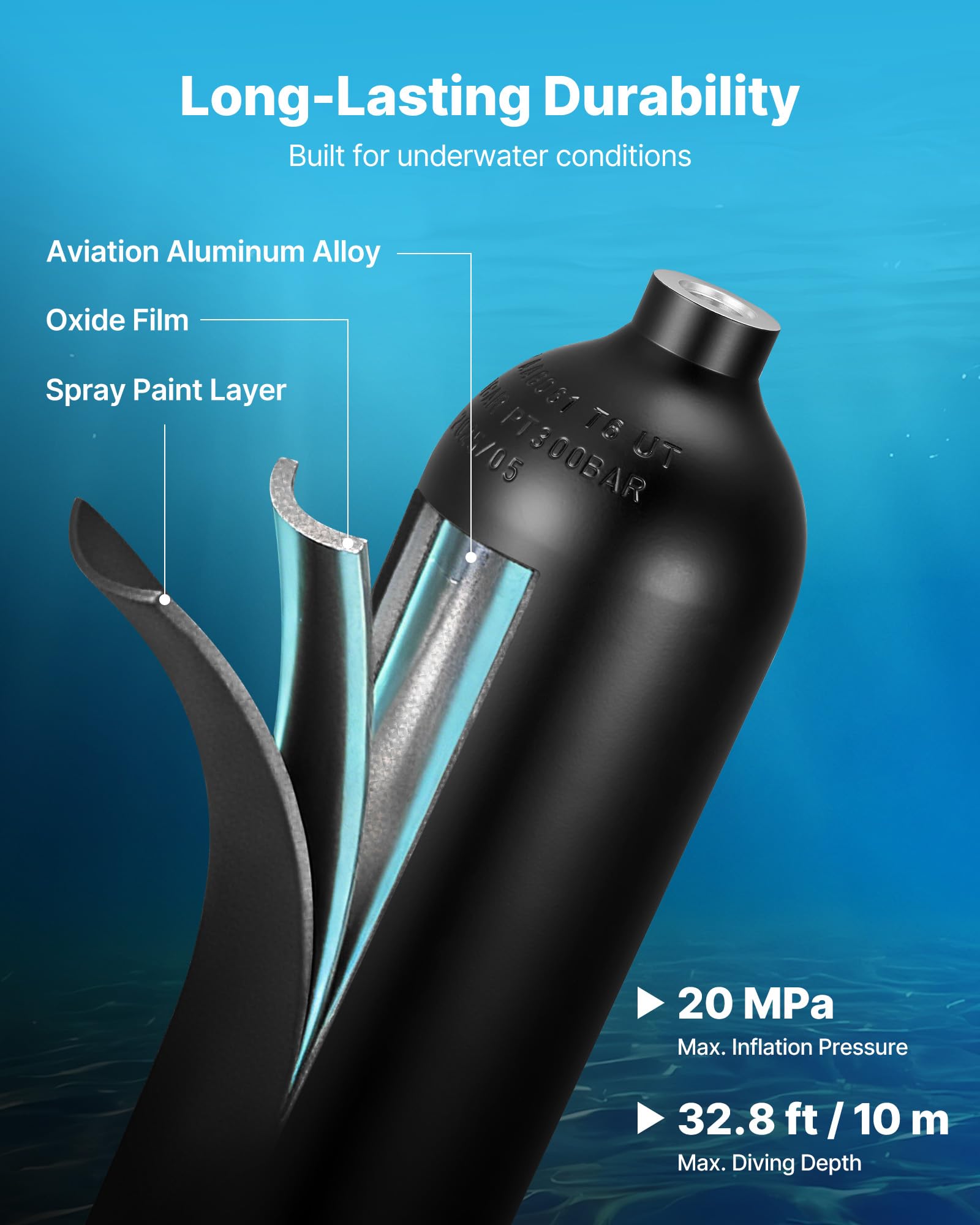 VEVOR Mini Botella de Buceo de 2 L, Juego de Tanque de Buceo Portátil con Mochila y Caja de Protección, Capacidad de 30 a 35 Minutos, Bombona de Oxígeno Recargable Aluminio, para Viajes Bucear Rescate