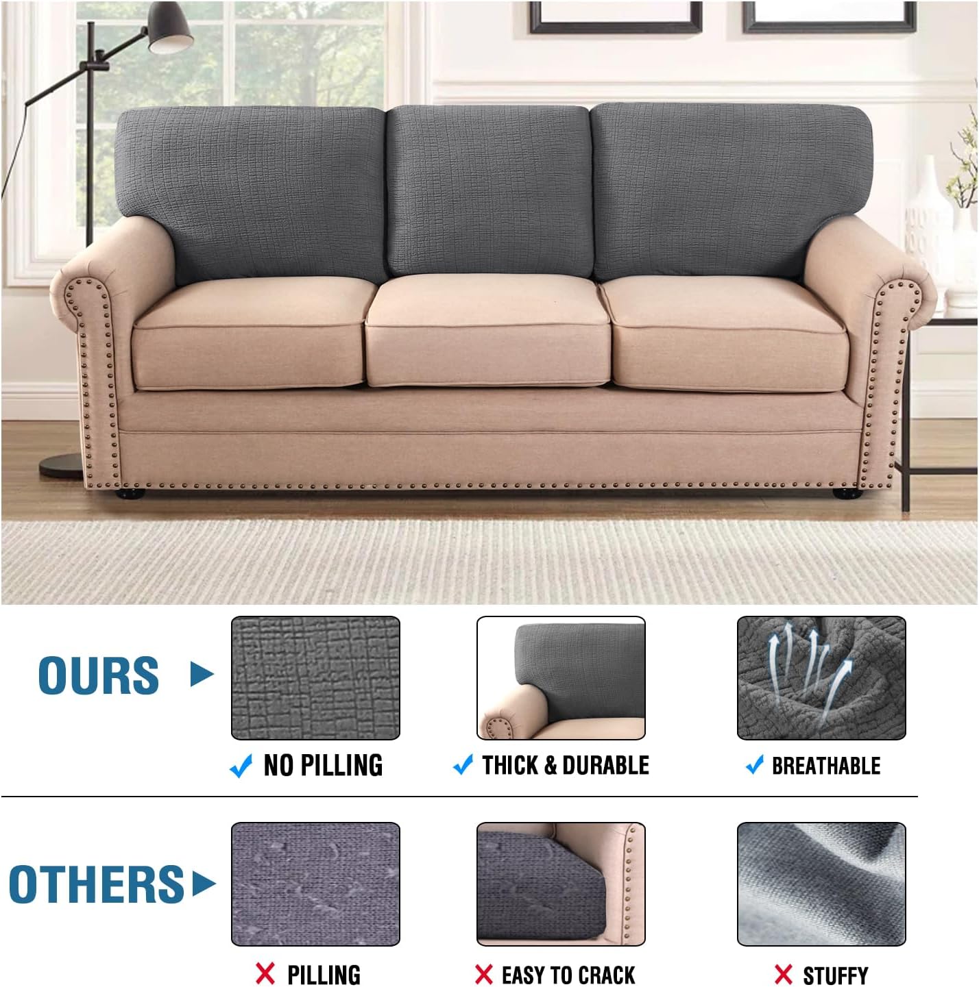 H.VERSAILTEX Jacquard Couch Cushion Covers High Stretch Sofa Covers for 3 Cushion Couch Furniture Protector Spandex Anti-Slip Soft Thickened Slipcovers Crizzle Pattern(3 Back Covers, Grey)