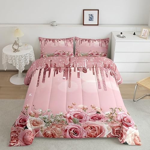 Miniatura 2 de Manfei Juego de edredón con purpurina rosa para niños, tamaño matrimonial, juego de ropa de cama con estampado floral de flores rosas y blancas de 3