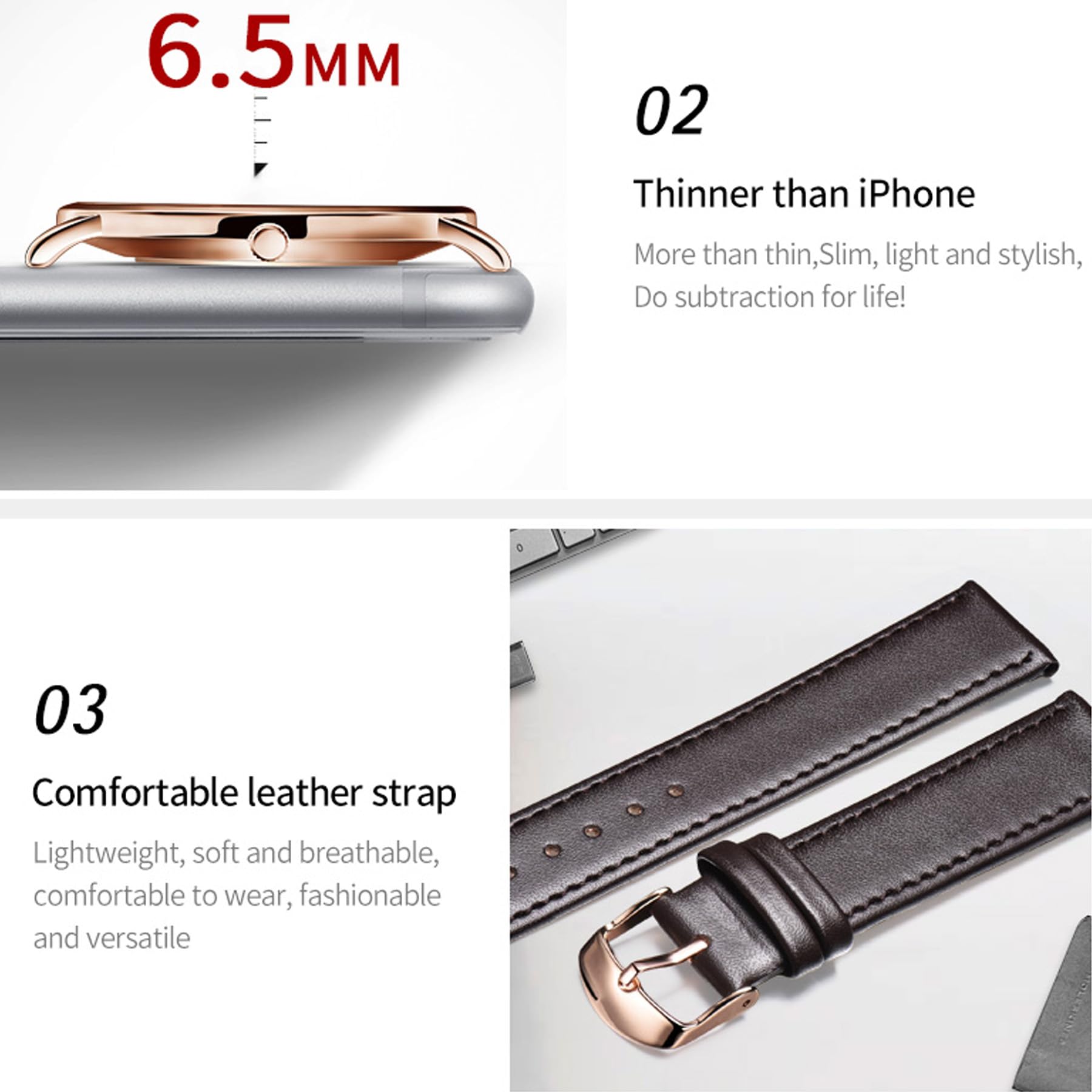 OLEVS Damen-Armbanduhr, 6,5 mm, minimalistisches Design mit Lederband, Datumsanzeige, 30 m wasserdicht, Quarz, ultradünn, Business-Armbanduhr