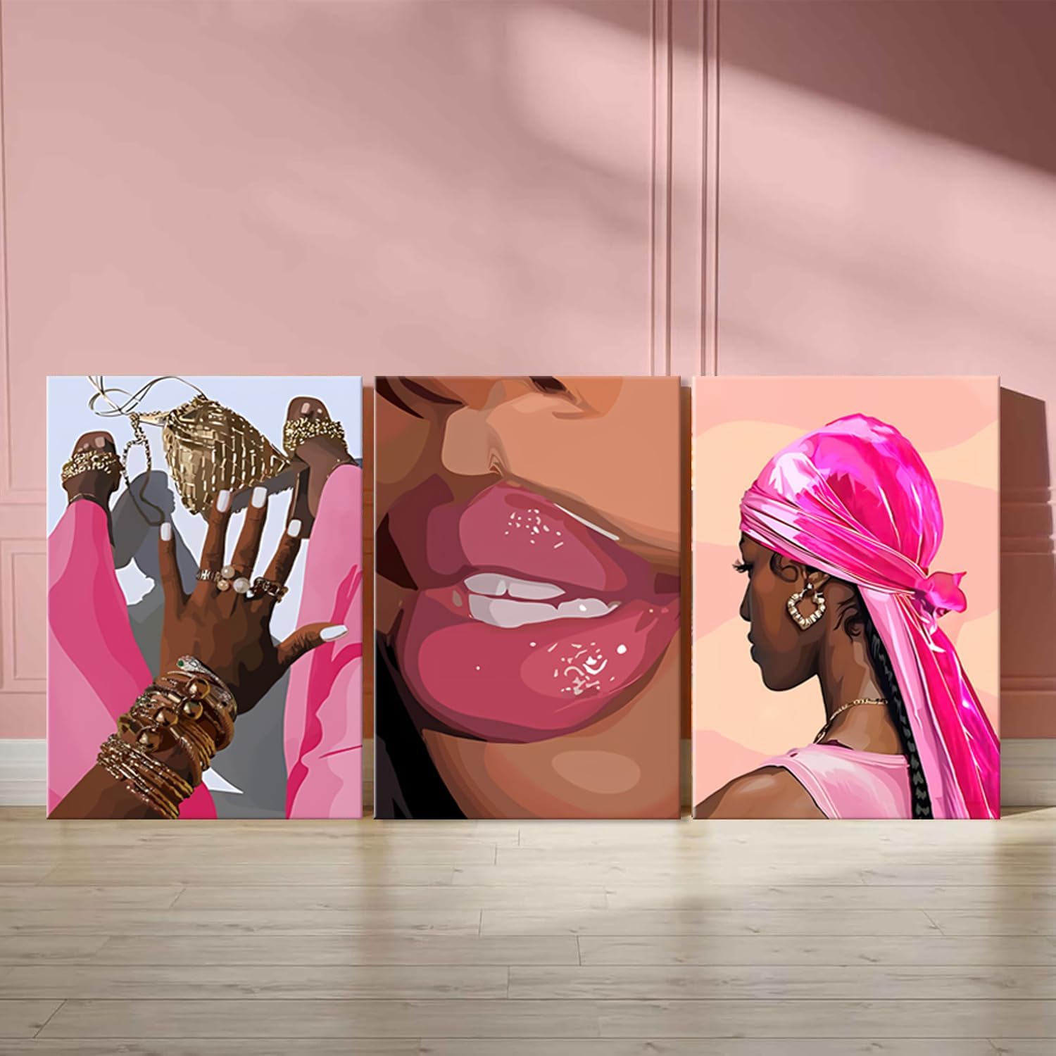 Black Girl Canvas Wall Art Set of 3 Pink African American Black Woman Wall Decor Fashion Abstract Black women Aesthetic Poster Prints for Living Room Bedroom Bathroom16x24in Framed