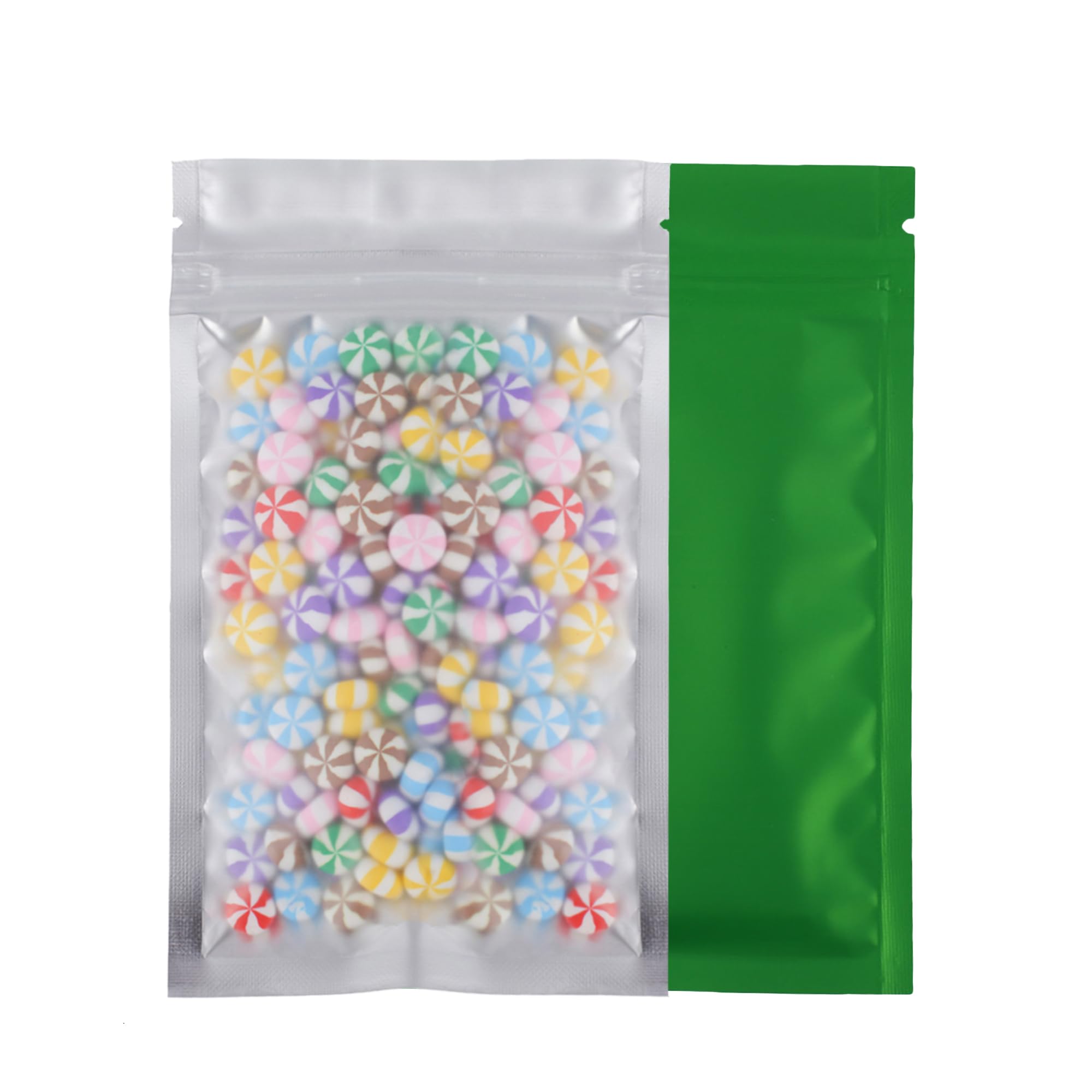 100pcs Frosted Clear Window Flat Colored Metallic Foil Resealable Zipper Seal Bags (Green, Flat | 3oz)