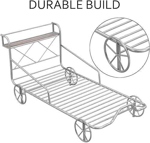 Miniatura 6 de Cama individual para automóvil con 4 ruedas, barandillas de protección, estante de almacenamiento para niños, adolescentes, niños y niñas, marco de