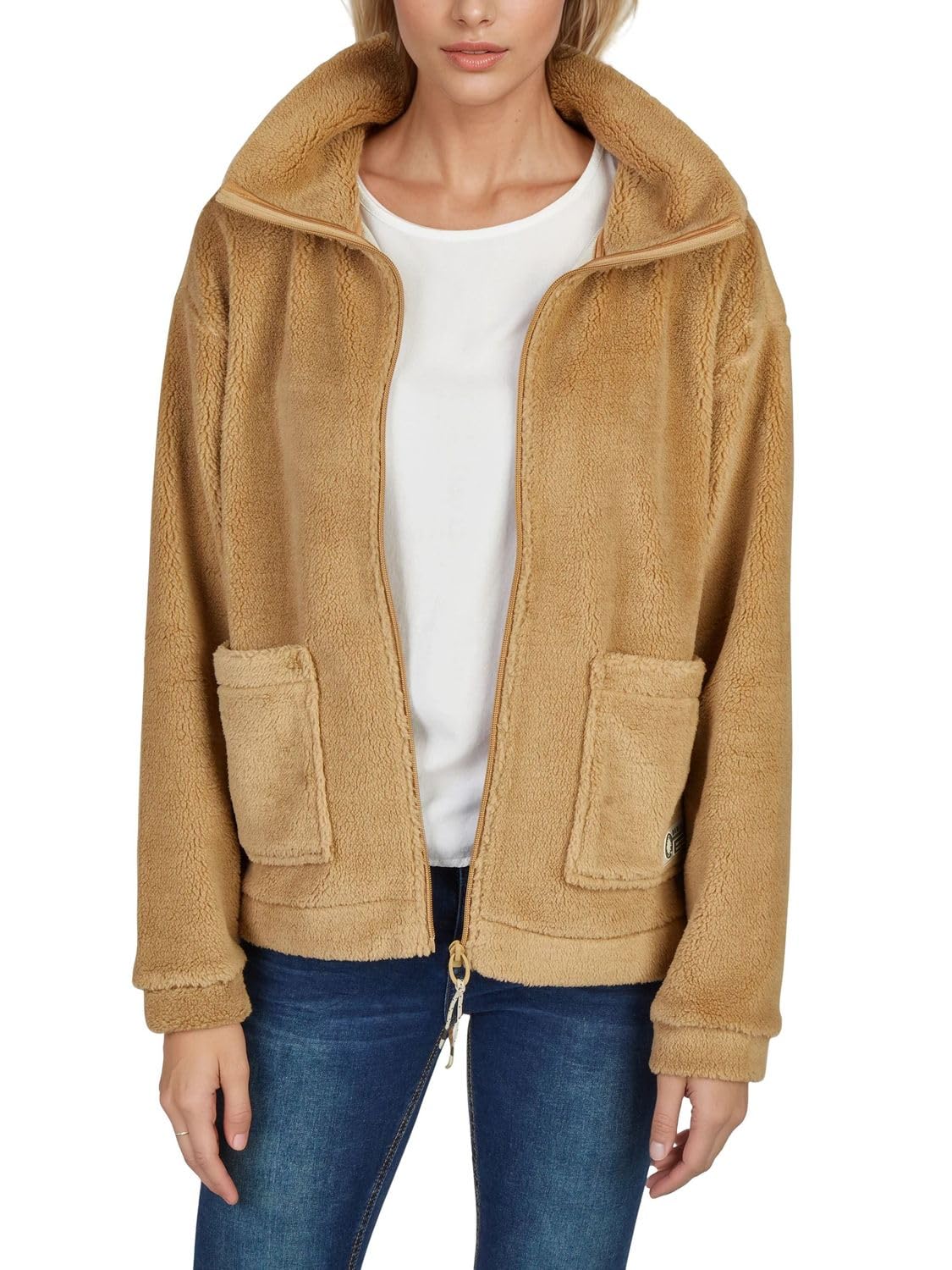 DENIMFY Fleecejacke Damen Regular Fit DFKira Teddyfleece Winterjacke Übergangsjacke Stehkragen Schwarz Beige Braun S M L XL XXL