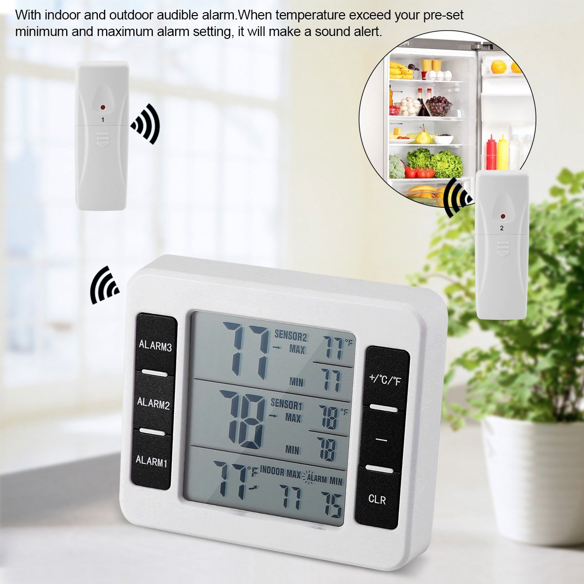 Thermomètre Réfrigérateur Numérique, Thermomètre Réfrigérateur Sans Fil avec 2 Capteurs Alarme Sonore Affichage Min/Max écran, pour Maison, Restaurants, etc.