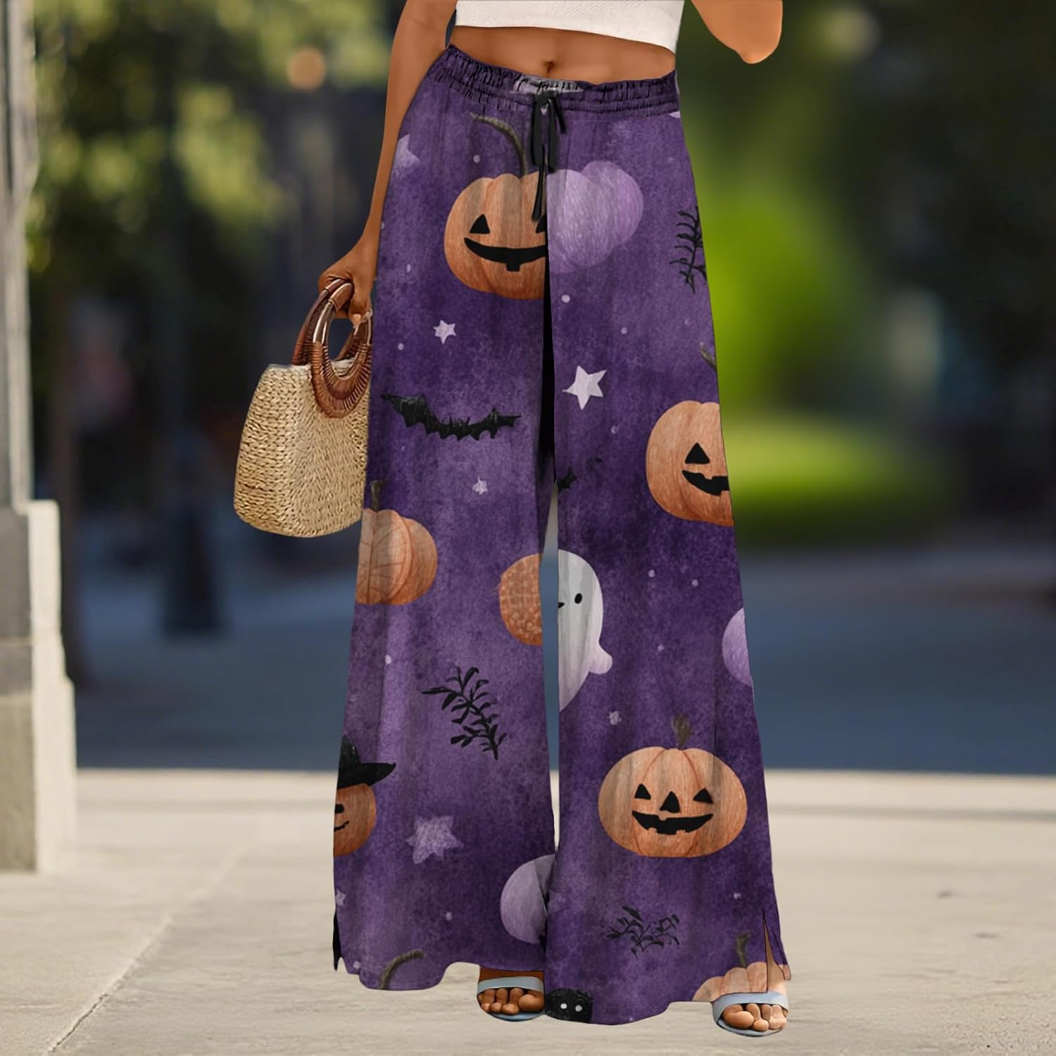 Halloween Pants Women Drawstring Elastic Waist Wide Leg Pants Ladies Pumpkin Ghost Pajama Vintage Street Wear - Image 2