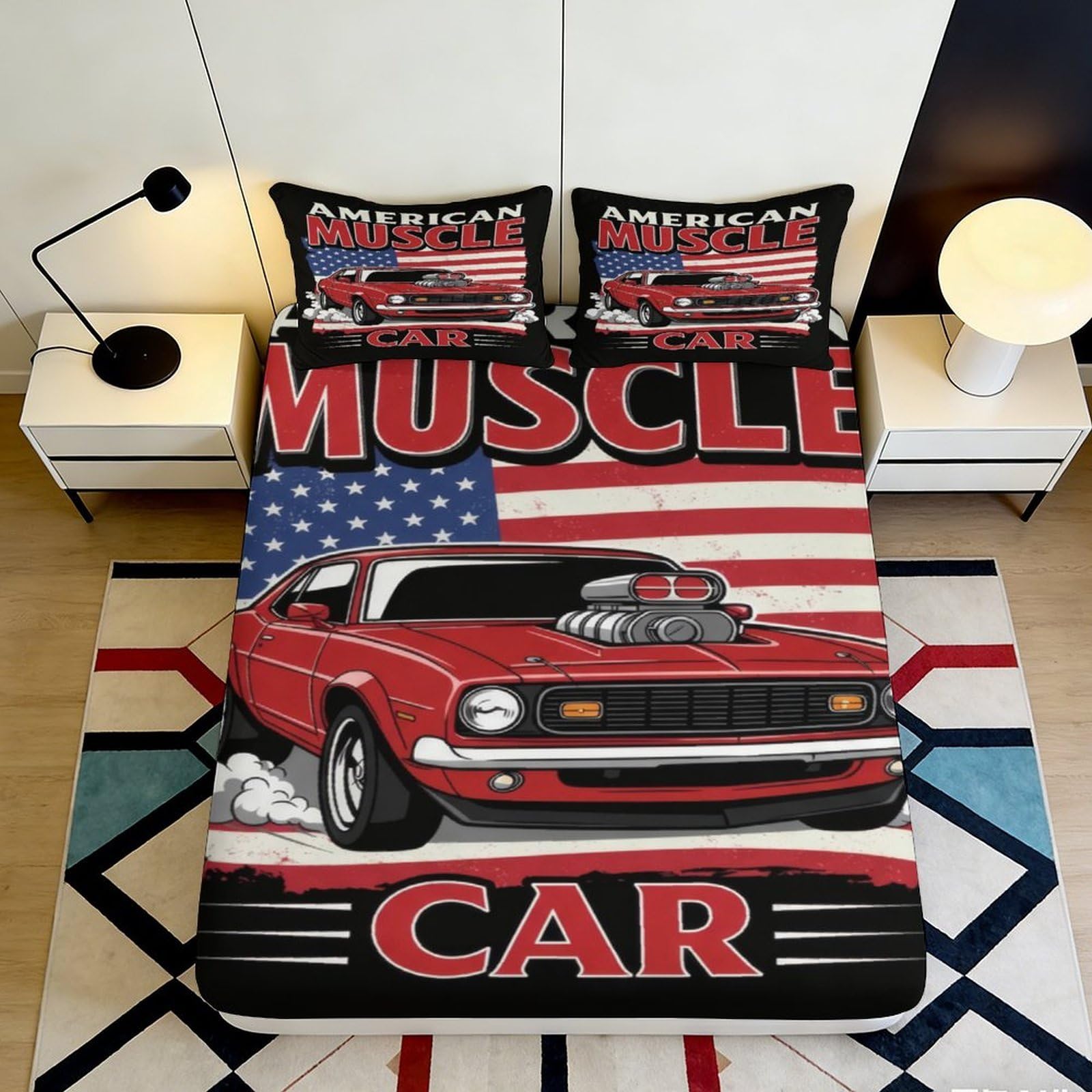 3D Printed American Muscle Car Fitted Sheet Microfiber Red Car Flag Bed Cover for Bedroom Guest Room Decor 160x200x25cm