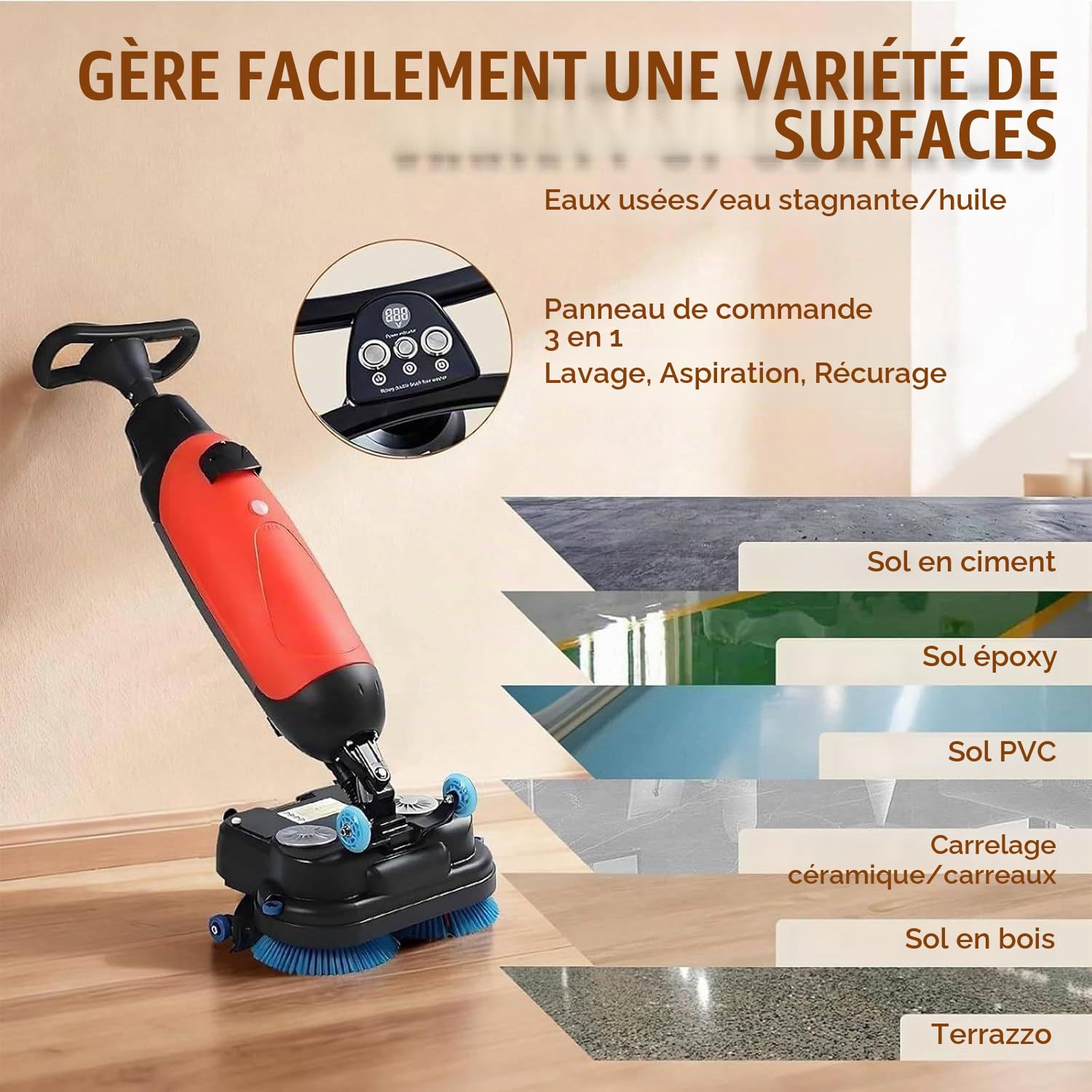 Laveuse Sol Professionnelle Portable, Autolaveuse Électrique Double Brosse, 43cm Largeur Nettoyage, 1200m²/h Capacité, 240 RPM, 360° Rotation pour Domicile Bureau Garages Red
