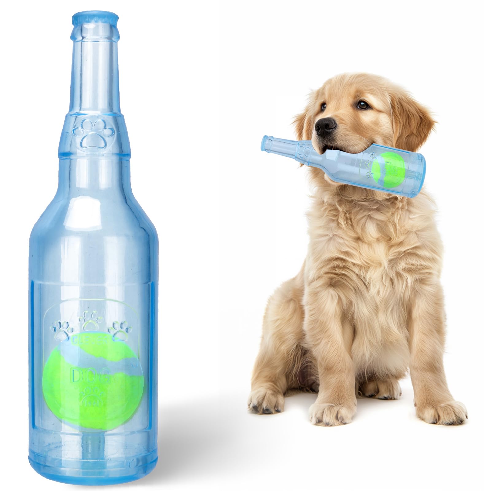 Squeaky Chew Toy for Dogs TPR Bottle with Tennis Ball Inside Blue Small