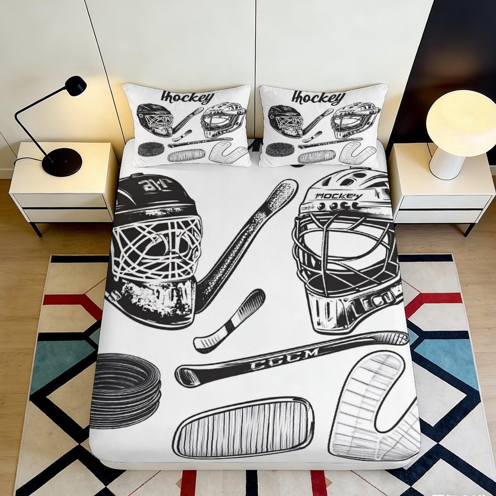 3D Printed Ice Hockey Fitted Sheet Microfiber with Sports Equipment Bed Cover for Bedroom Dormitory Guest Room Mattress Protection and Decor 140x200x25cm