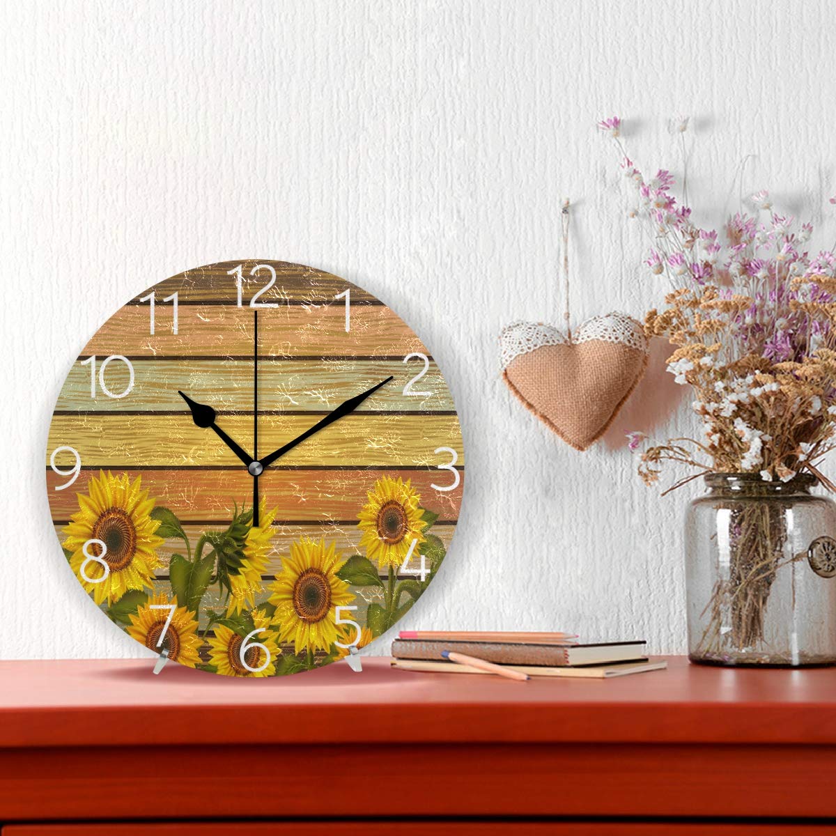 MOYYO Autumn Sunflowers On Wooden Board Wall Clock Silent Round Wall Clock Battery Operated Creative Decorative Clock for Kids Living Room Bedroom Office Kitchen Home Decor