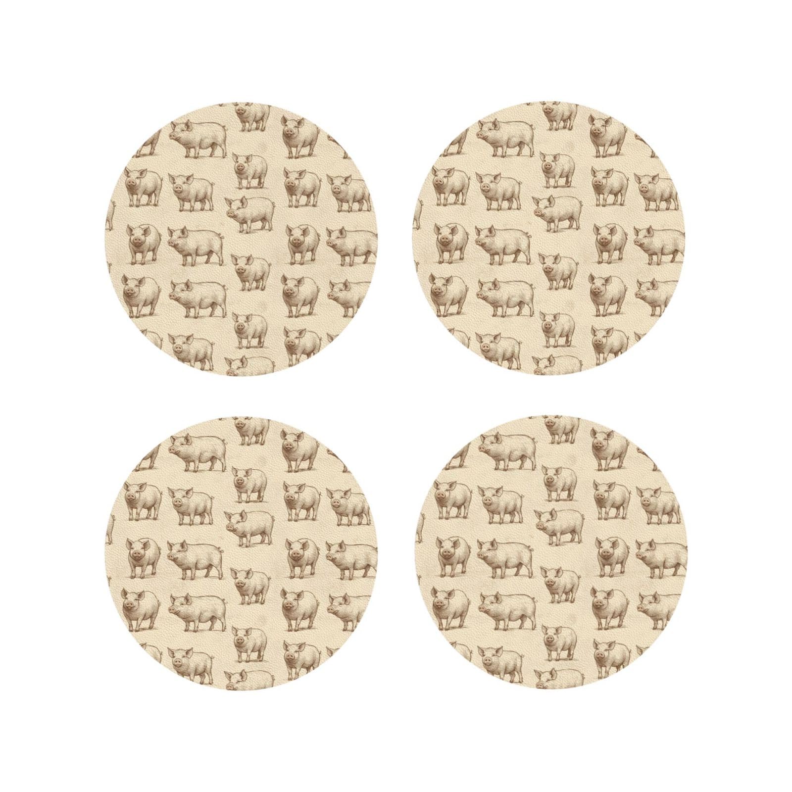 Leather Coasters Set of 4 - Sketch Pig Print Lightweight Drink Coasters for Desk