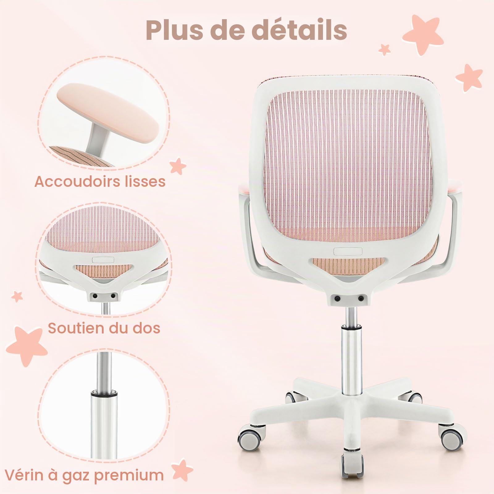 FANTASK Chaise de Bureau pivotante à 360 ° pour Enfant, Hauteur d'assise réglable en Hauteur de 43 à 55 cm, Rose