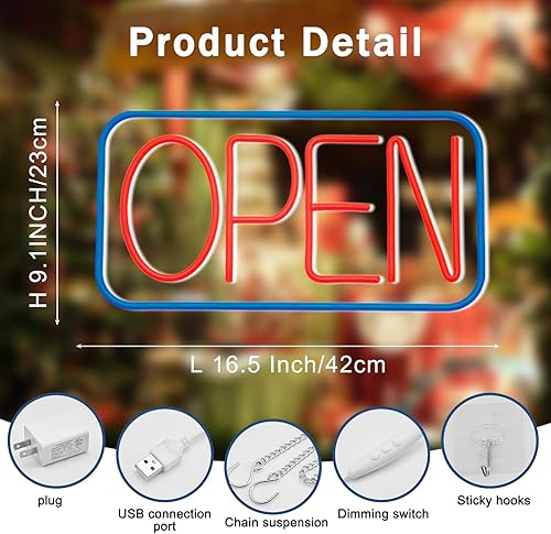 Miniatura 3 de Letrero abierto con adaptador, letrero de neón con 5 letreros de apertura de brillo ajustable para ventana de negocios, letrero de neón abierto,