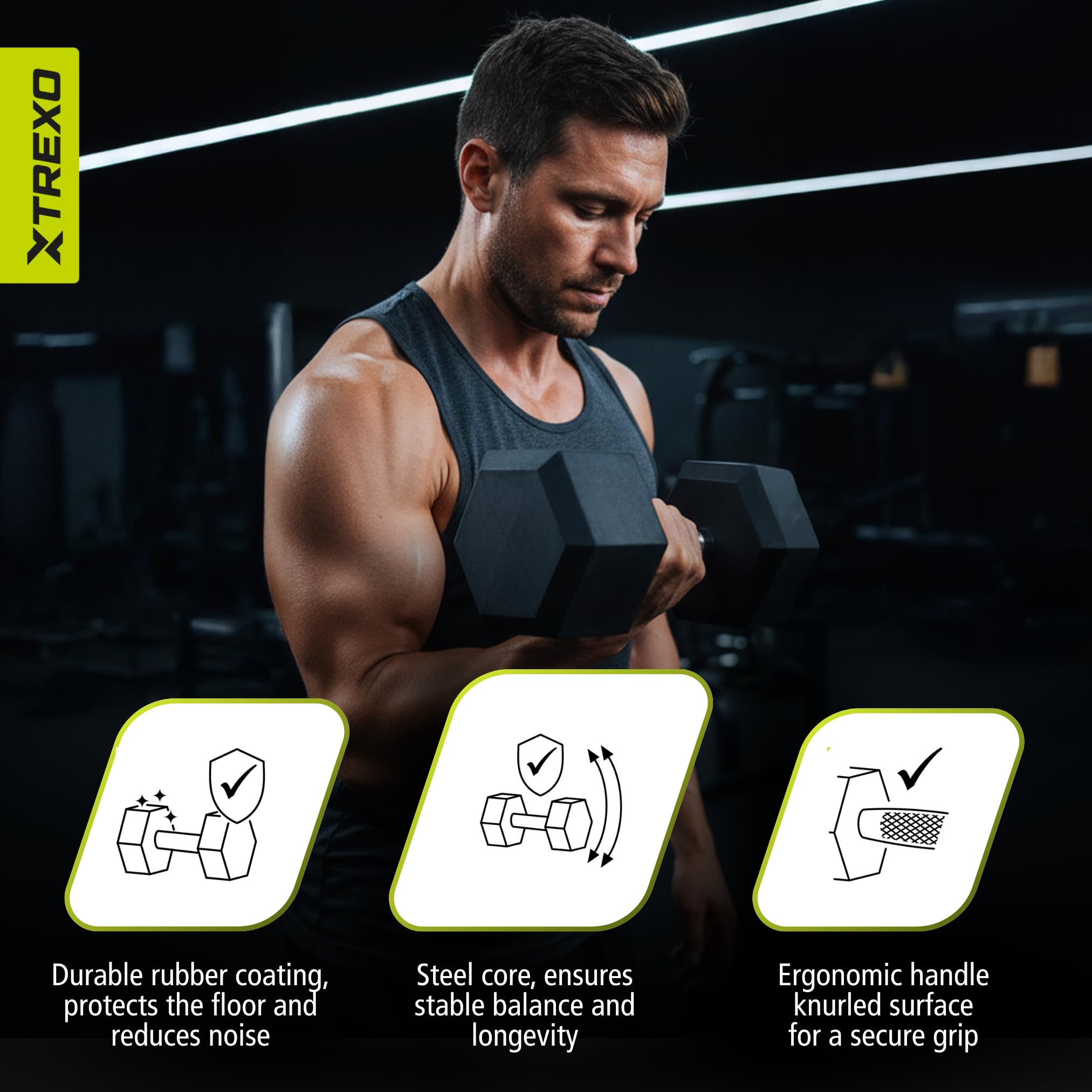 TREXO Hantle 2,5 kg – 35 kg, sześciokątne, wytrzymałe, gumowane żeliwo, do treningu siłowego w domu, z ergonomicznym uchwytem, stabilne i wszechstronne