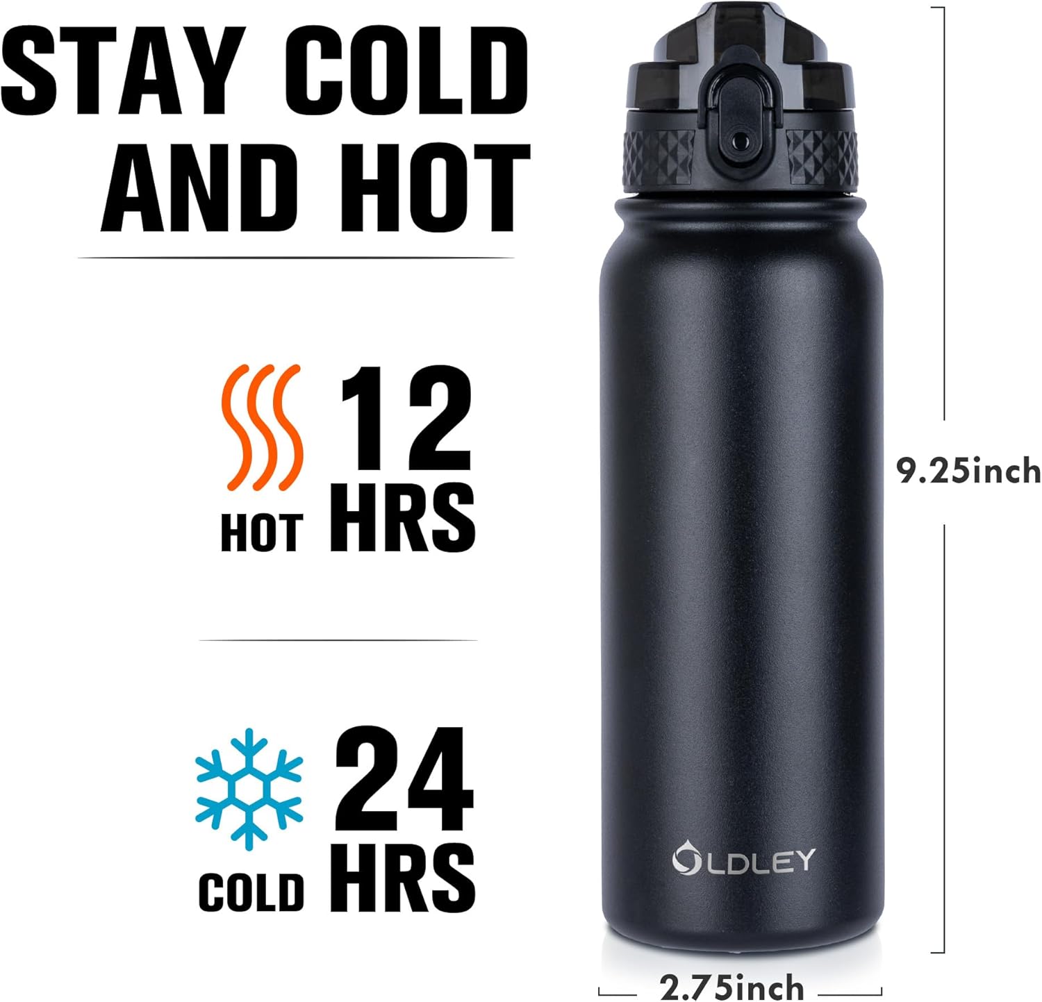 Oldley Insulated Water Bottle 20oz Water Bottles with Straw, Stainless Steel Water Bottle with 3 Lids, Double Wall Vacuum Bottles for Adult Kids, Sports Bottles for School Travel, Black - Image 3