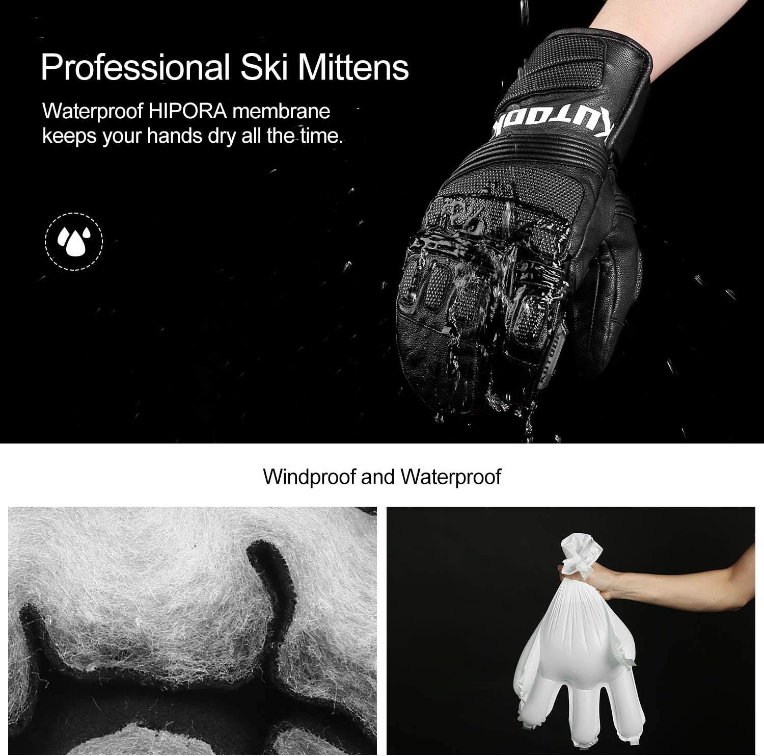 KUTOOK Ski Mittens Gloves Waterproof Windproof with 3M Thinsulate Goatskin Leather for Men Women