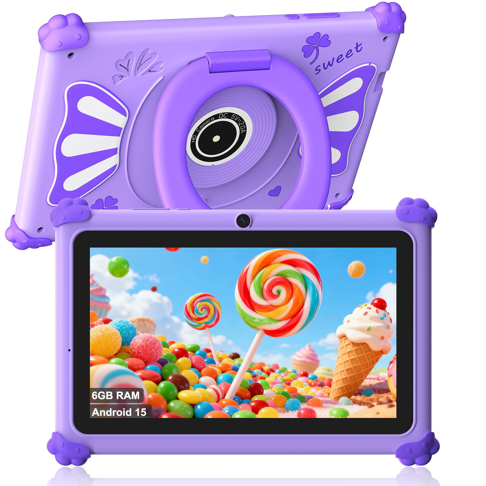 ascrecem Tablet Bambini 7 Pollici Android 15 Tablet per Bambini con 2.4G+5G WiFi6 Penta Core 6GB RAM 32GB ROM Tablets Bambina Doppia Fotocamera 128GB Espandibile Controllo Parentale (Viola)