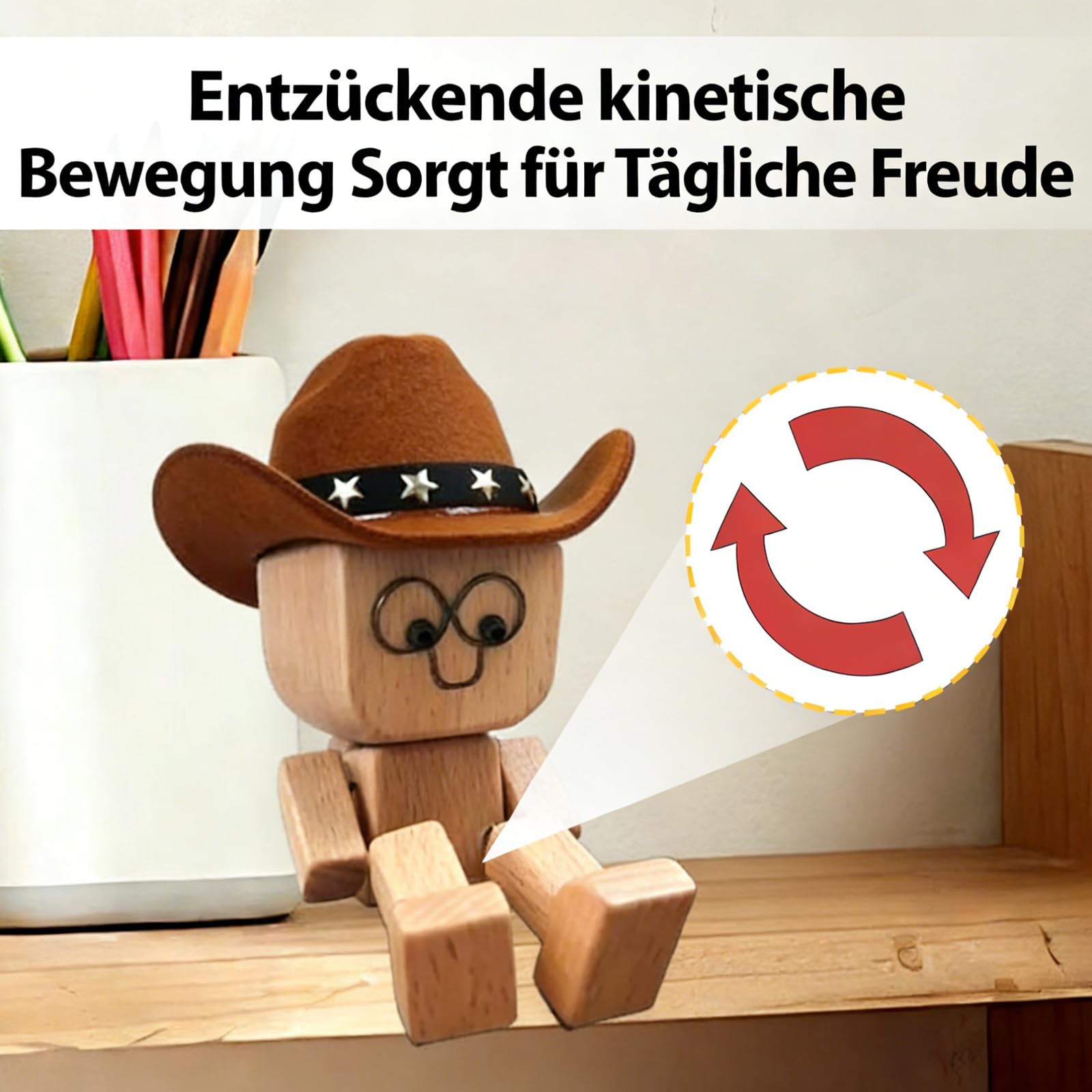 Sylkeov Petit Bonhomme en Bois Qui Bouge avec 12 Expressions Interchangeables, Figurine Amusante et Créative pour Décoration de Voiture et de Bureau, Cadeau Original et Ludique pour et Adultes