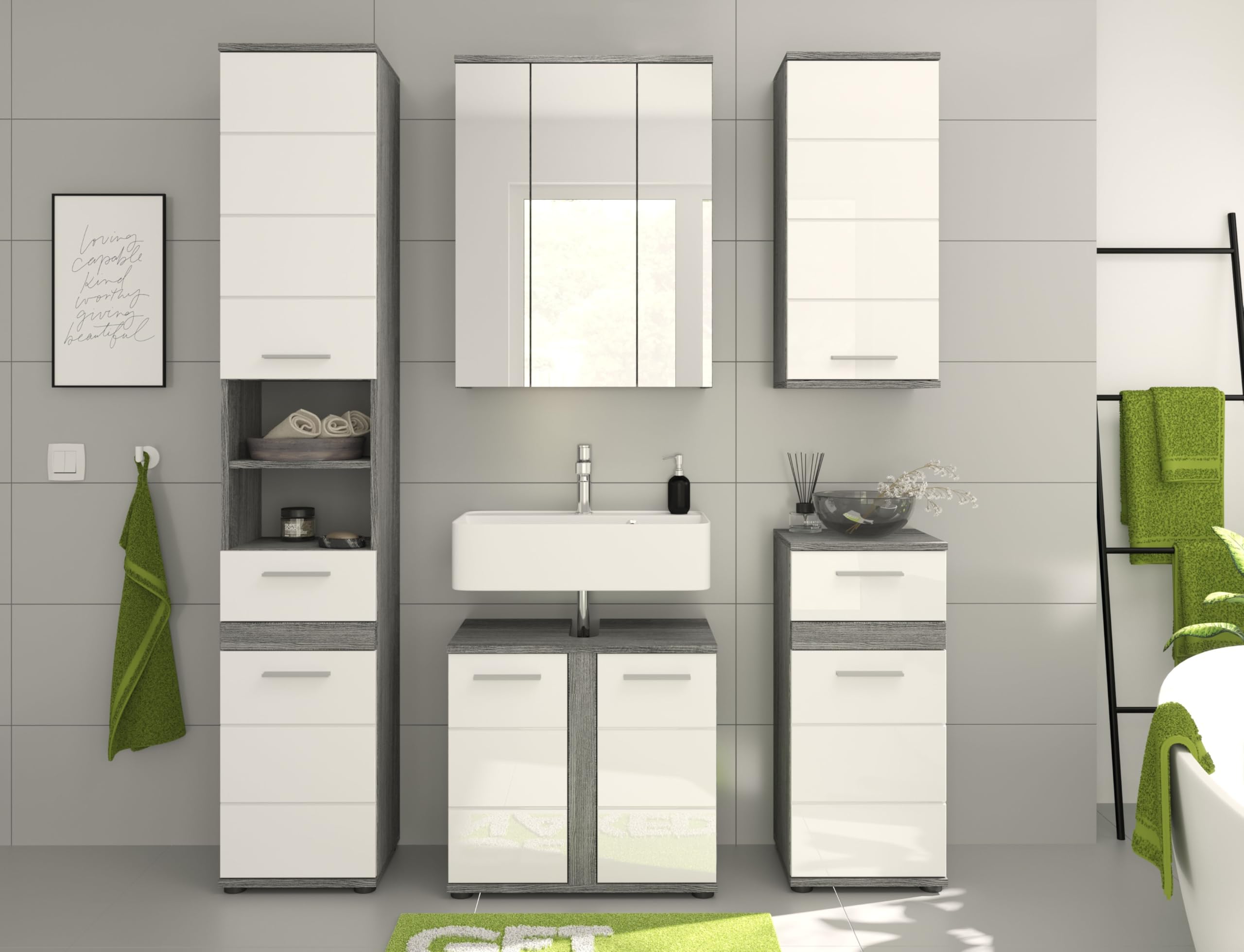 xonox.home Badezimmer Blake 5tlg. Kombination Badmöbel Set Set für kleine Bäder Komplettprogramm Badezimmer Bademöbel-Set in weiß Hochglanz, rauchsilber Nachbildung