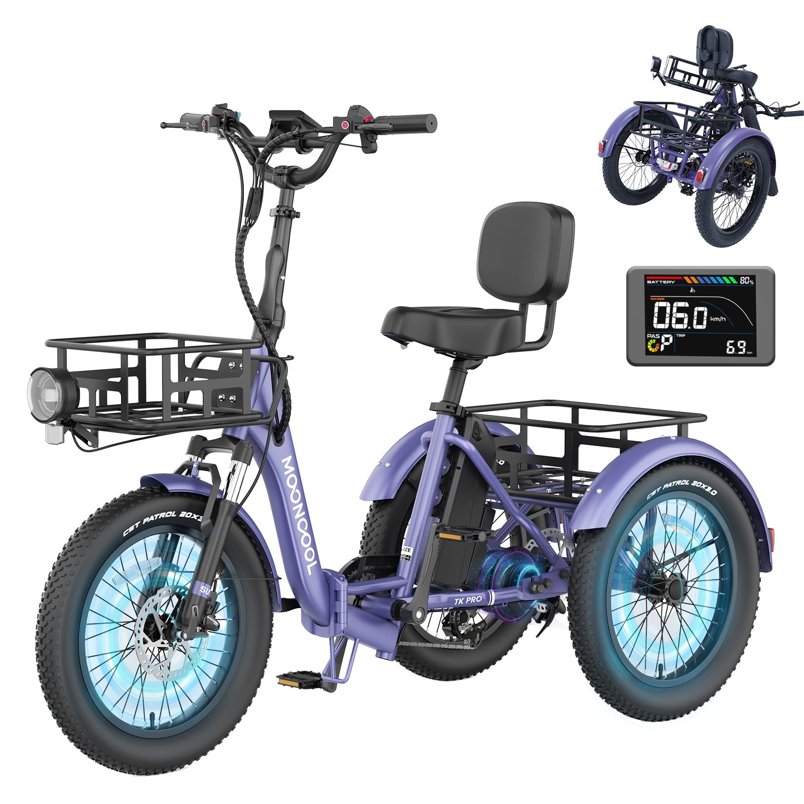 MOONCOOL Electric Tricycle for Adults, 500W/750W 48V 20" Folding Electric Trike Peak Power 1100W, 3 Wheels Electric Bicycle, Aluminum Frame Electric Tricycle with Large Basket and Removable Battery