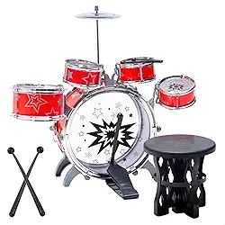 Mini Bateria Infantil Vermelha com Banquinho e 5 Tambores – Brinquedo Musical Educativo para Crianças, Instrumento de Percussão com Baquetas, Presente Divertido e Criativo