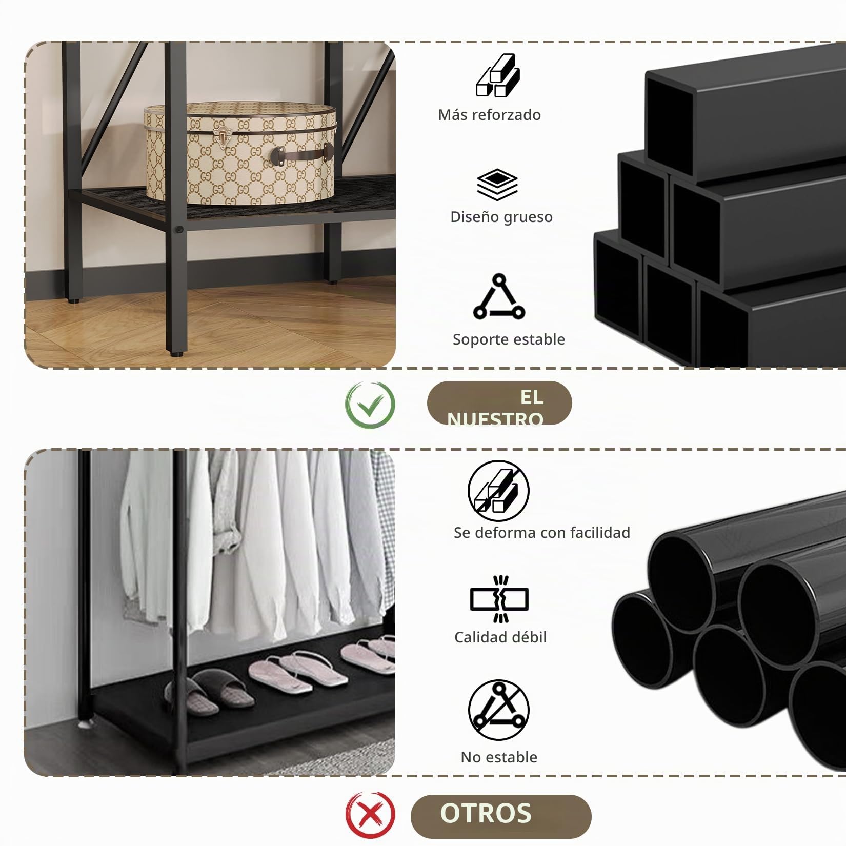 unho Armario Abierto Pesado Vestidor de Metal: Perchero Metálico de Pie Extra Grande con Barras Estantes Cajones para Ropa Zapatos Canastas de Estilo Industrial Negro 150 x 50 x 214 cm