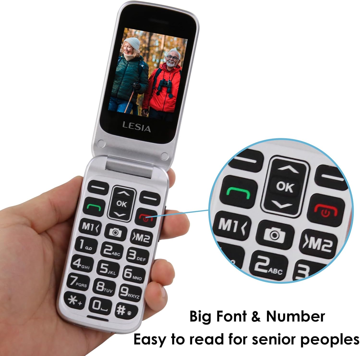 Mano sosteniendo el teléfono LESIA F2 Flip, mostrando los botones grandes y fáciles de leer y la pantalla clara.