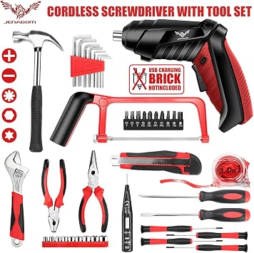 Household Tool Set with 3.6V USB Electric Screwdriver, 43 PCS Home Tool Kit with Cordless Lithium-ion Drill Driver