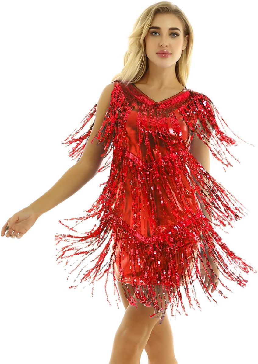 Sywiyi Womens 1920s Flapper Dress Tassels Sequined Sleeveless V-Neck Ballroom Samba Tango Latin Dance Costume