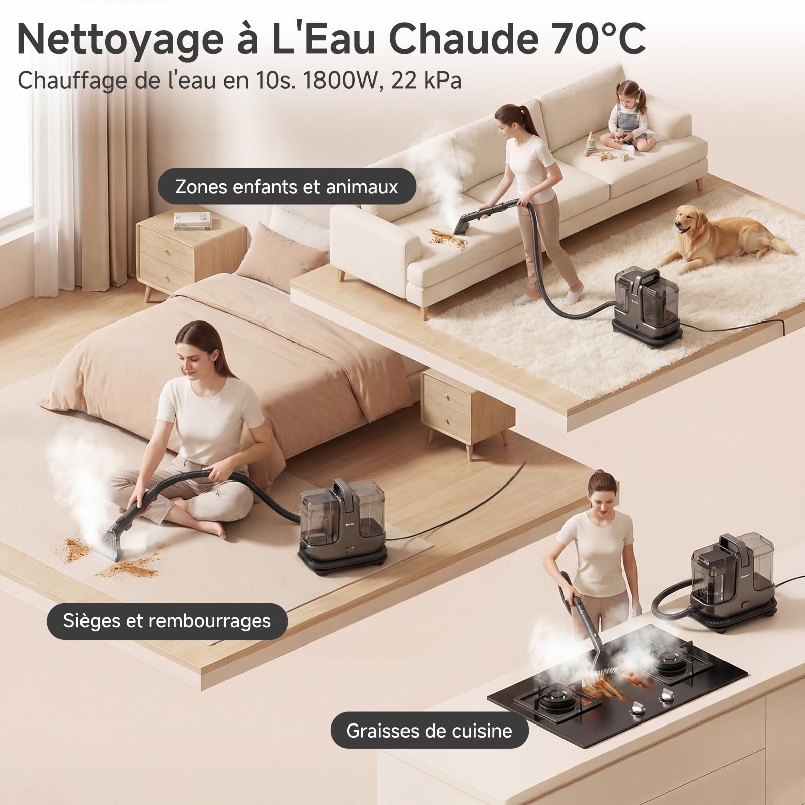SIMPLUS Nettoyeur Vapeur Tissu Canapé Portable avec Fonction Eau Chaude 110℃, Shampouineuse Extracteur 22000Pa, Double Réservoir, 9 Brosses pour Tapis Moquette Voiture Matelas Animaux