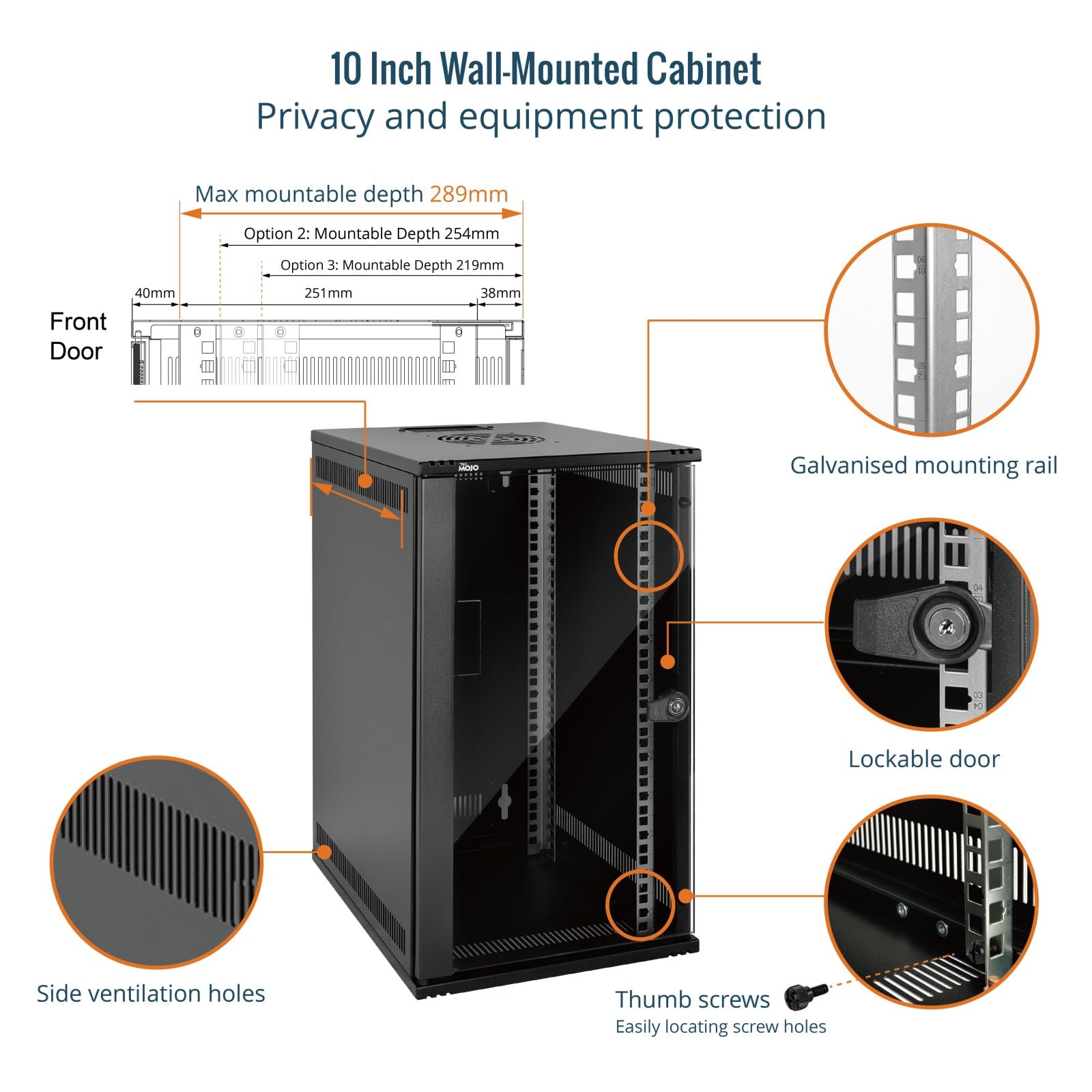 Tecmojo 10 Pulgadas 12U Gabinete de Red para Montaje en Pared, 330mm de Profundidad, con Estante para Rack, Paneles de Cepillos, Organizador de Cables, 50kg, Puerta de Cristal, Negro