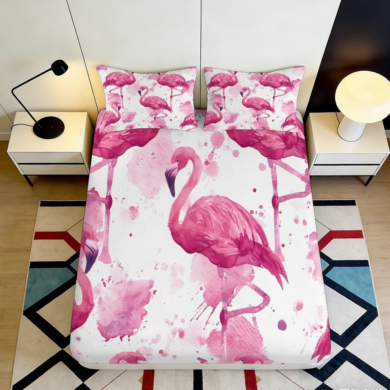 3D Printed Pink Flamingo Fitted Sheet Microfiber Soft Breathable Watercolor Bird Bed Cover for Bedroom Dorm Mattress Protection Decor 90x200x25cm