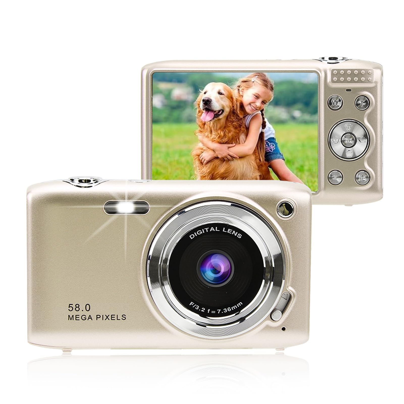 Cámara Digital, 4K 58MP Full HD 16X Zoom Fijo Macro Cronometrado Fotografía Cámara de Vídeo Digital, Cámara Digital Compacta Portátil para Adolescentes Adultos Principiantes (Gold)