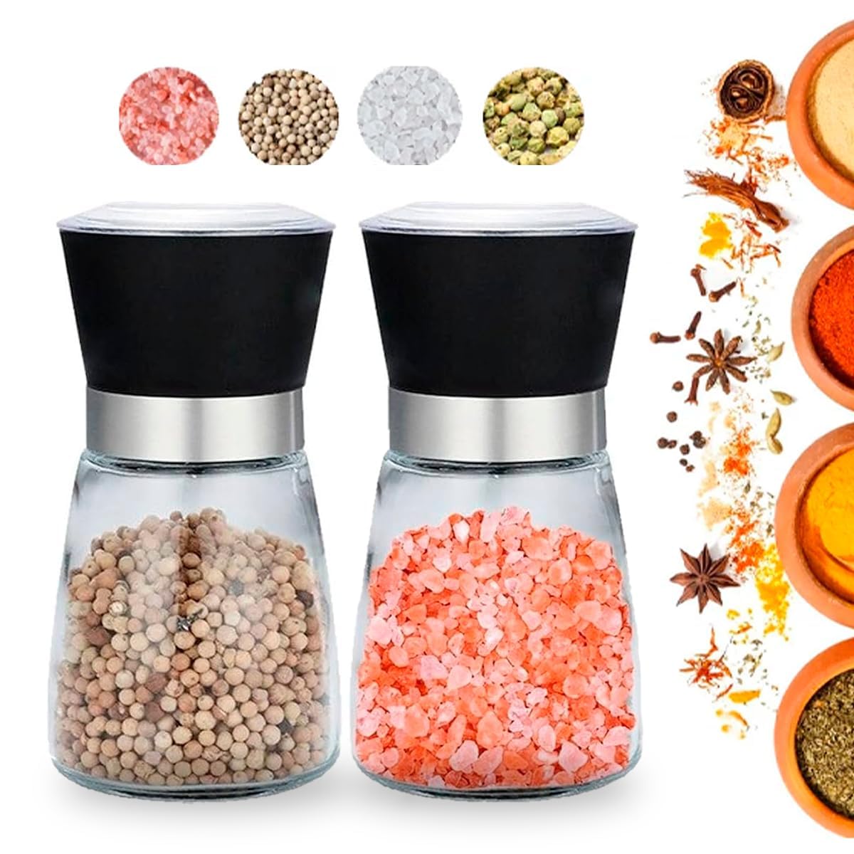 Kit 2 Moedores de Sal e Pimenta 180ml Triturador Giratorio Manual Vidro Reforçado 180ml,