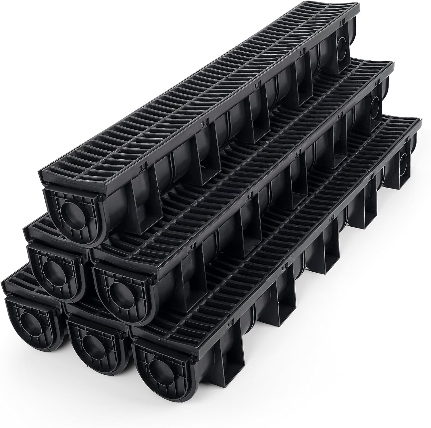 6PACK Trench Drain System, Channel Drain with Plastic Grate, 5.9x5.1-Inch HDPE Drainage Trench, Black Plastic Garage and Garden Drain, 6x39 Trench Drain Grate