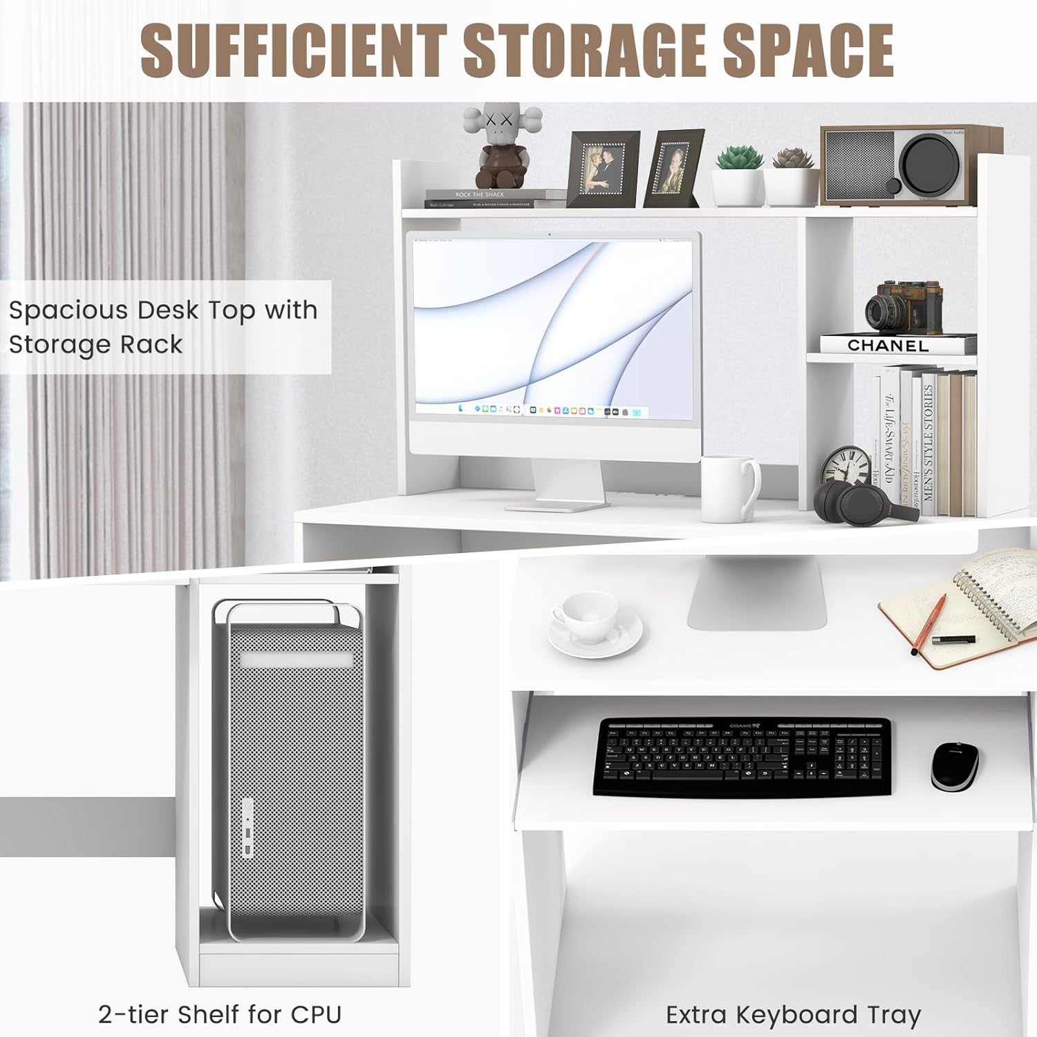 LDAILY Computer Desk with Hutch, Multifunctional PC Laptop Table with Keyboard Tray, CPU Stand, Power Outlet, Simple Work Desk Writing Desk for Bedroom, Home Office, Dorm (White)