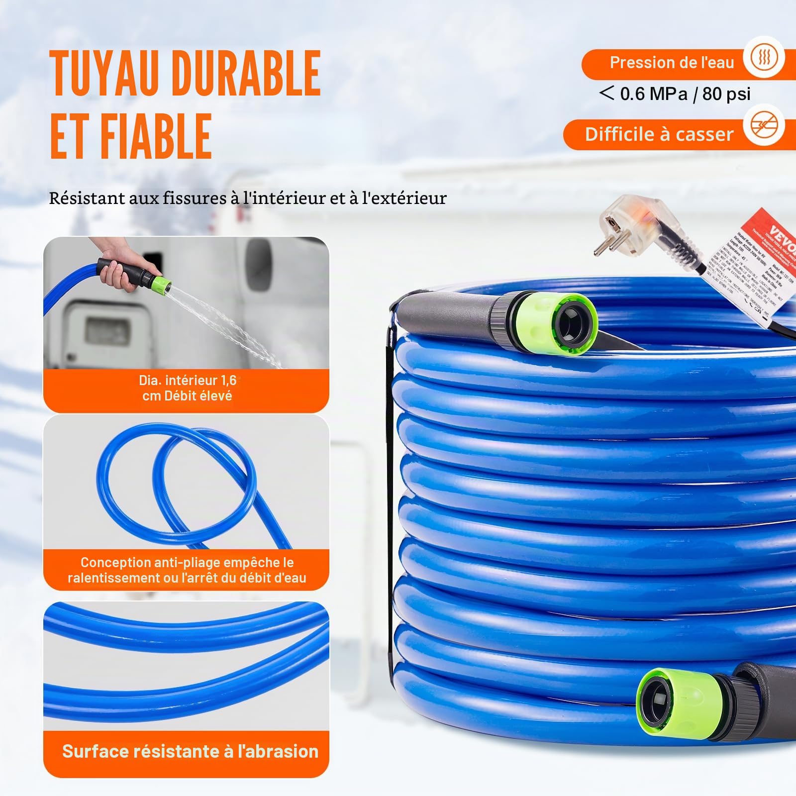 VEVOR Tuyau d'Eau Chauffant 15,3 m pour Camping-car, Tuyau d'Eau Potable Antigel jusqu'à -42,7 ℃, Autorégulation Automatique, Diamètre Intérieur de 16 mm avec Raccords Rapides, sans Plomb et sans BPA