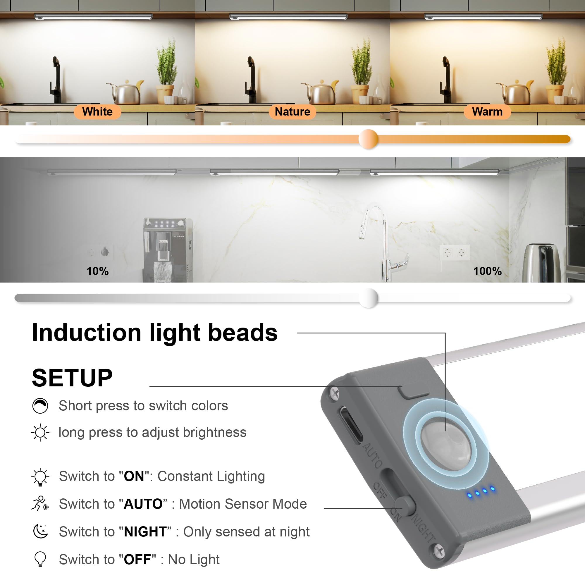 LEPOTEC Confezione da 2 luci da incasso, 88 LED con sensore di movimento per interni, 2200 mAh, ricaricabili sotto il bancone, luci magnetiche a batteria, luci notturne per cucina, camera da letto