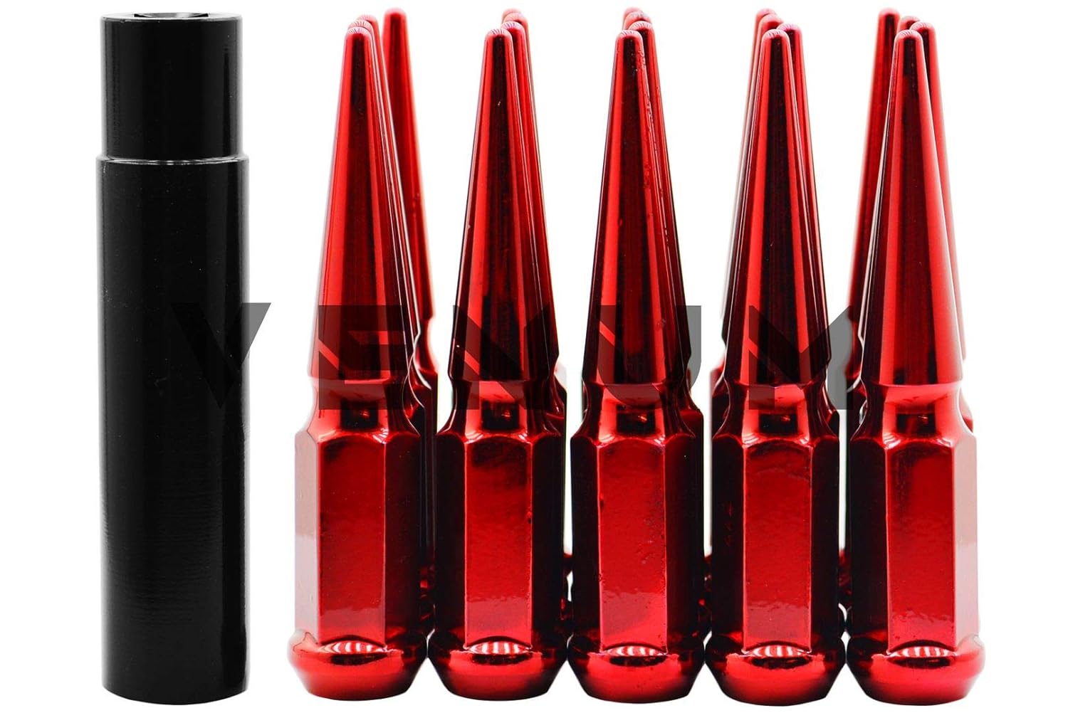 24 Blood Red Spike Steel Lug Nuts Powder Coated Custom Color 4.5 Inches Tall M14x1.5 Thread Pitch Works with Silverado Sierra All Models 6 Lug W/Aftermarket Wheels