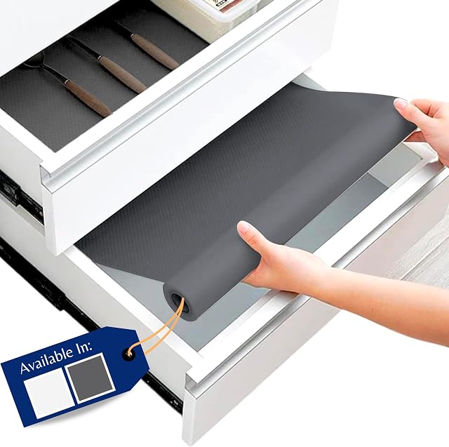 Linda's Essentials Kitchen Drawer Liners (44.5 x 200 cm) - Cupboard Liners Kitchen Non Slip Shelf Mat Fridge Liners that Protects Against Spills - Multi-Use Shelf Liners for Kitchen Cabinets (Grey)