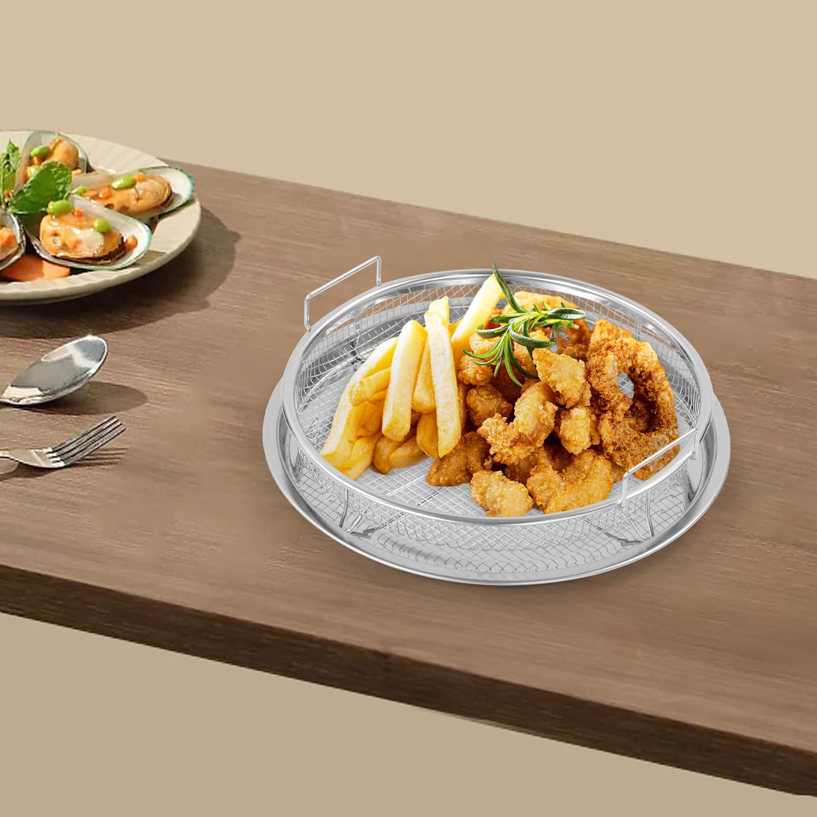 Griglia per barbecue, griglia per forno, griglia per barbecue, cestino in acciaio al carbonio, cestino per barbecue con manico, teglia per pollo, pesce, verdure (argento, rotondo)