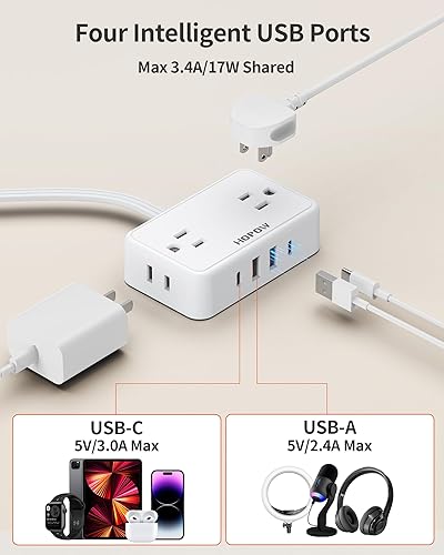 Miniatura 5 de Cable de extensión de enchufe plano, tira de alimentación ultrafina de 6 pies con 4 tomas de corriente alterna espaciadas y 4 puertos USB (2 USB-C),