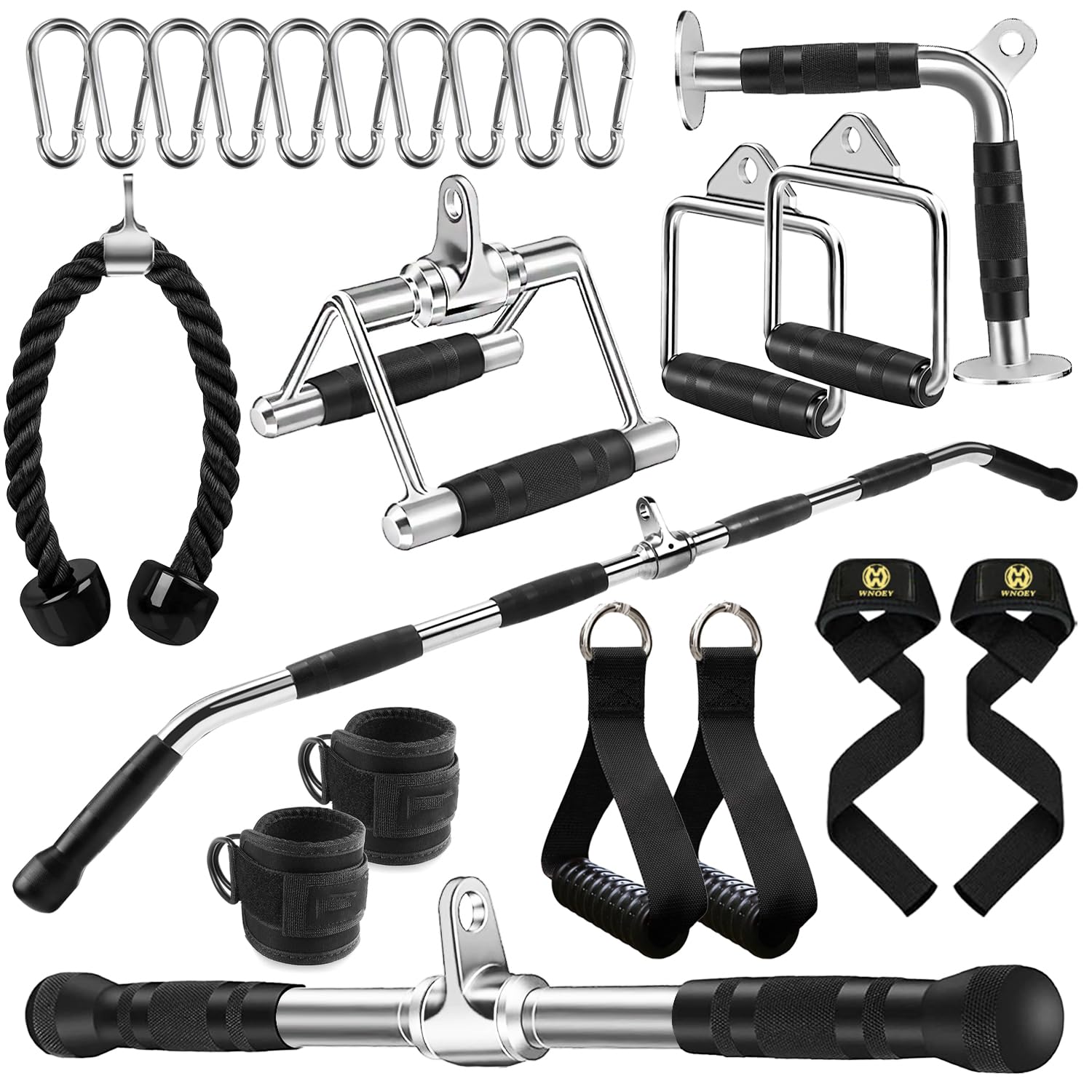 LAT Bar Cable Attachment with Rubber Handgrips, Deluxe Heavy Duty Solid Curl Bar Revolving Hanger Home Gym Cable Attachments